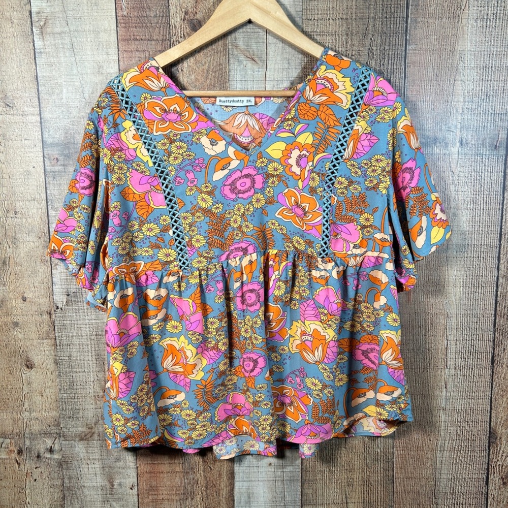Rusttydustty Pink Orange Floral Viscose Peplum Boho Babydoll Top Plus Size 2XL